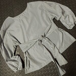 Striped Charcoal and White Tie-Front Women's Top Size Large